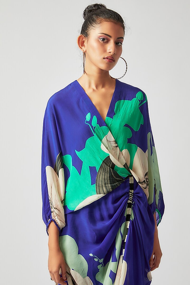 Cobalt Blue Crepe Digital Printed Wrap Cocktail Dress by Nupur Kanoi at Pernia's Pop Up Shop