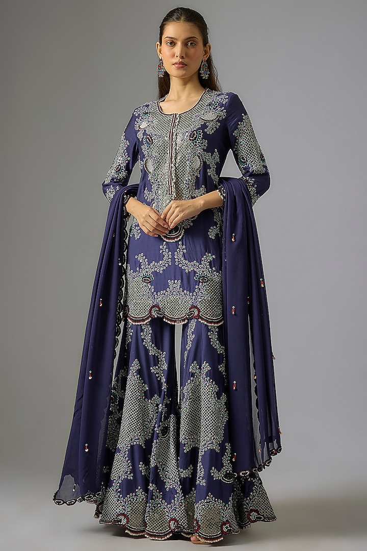 Navy Crepe Hand Embroidered Bridal Sharara Set by Nupur Kanoi at Pernia's Pop Up Shop