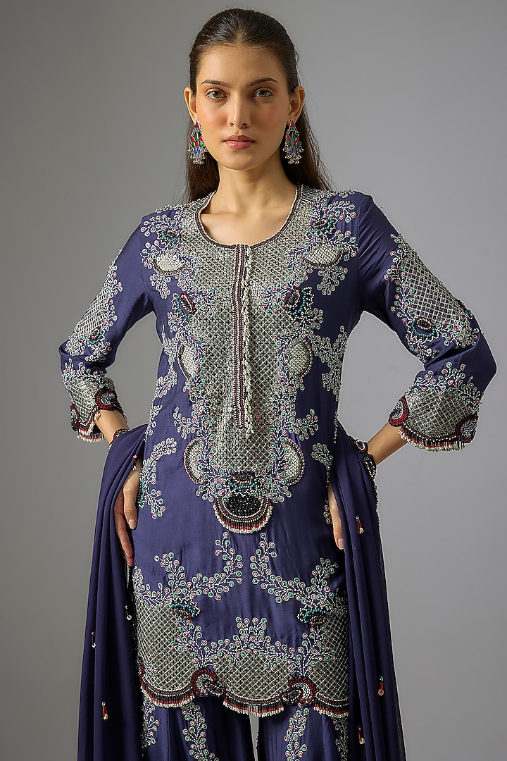 Navy Crepe Hand Embroidered Bridal Sharara Set by Nupur Kanoi at Pernia's Pop Up Shop