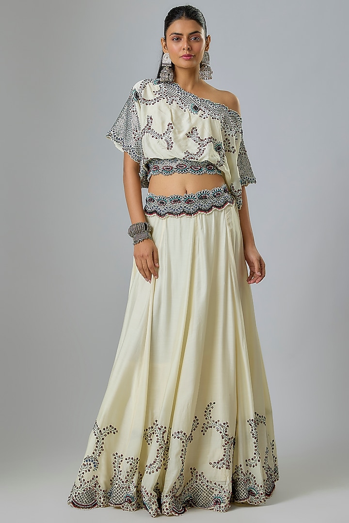 Off-White Silk & Crepe Embroidered Bridal Lehenga Set by Nupur Kanoi at Pernia's Pop Up Shop