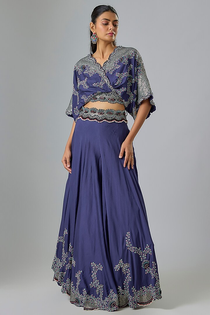 Navy Silk & Crepe Hand Embroidered Bridal Sharara Set by Nupur Kanoi at Pernia's Pop Up Shop