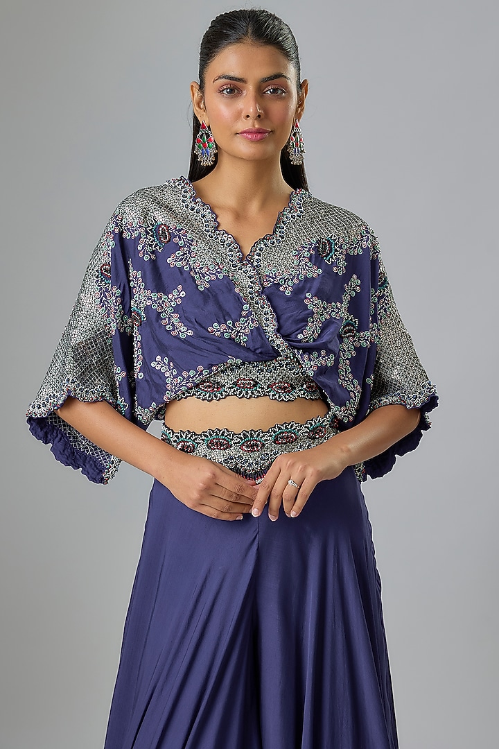 Navy Silk & Crepe Hand Embroidered Bridal Sharara Set by Nupur Kanoi at Pernia's Pop Up Shop