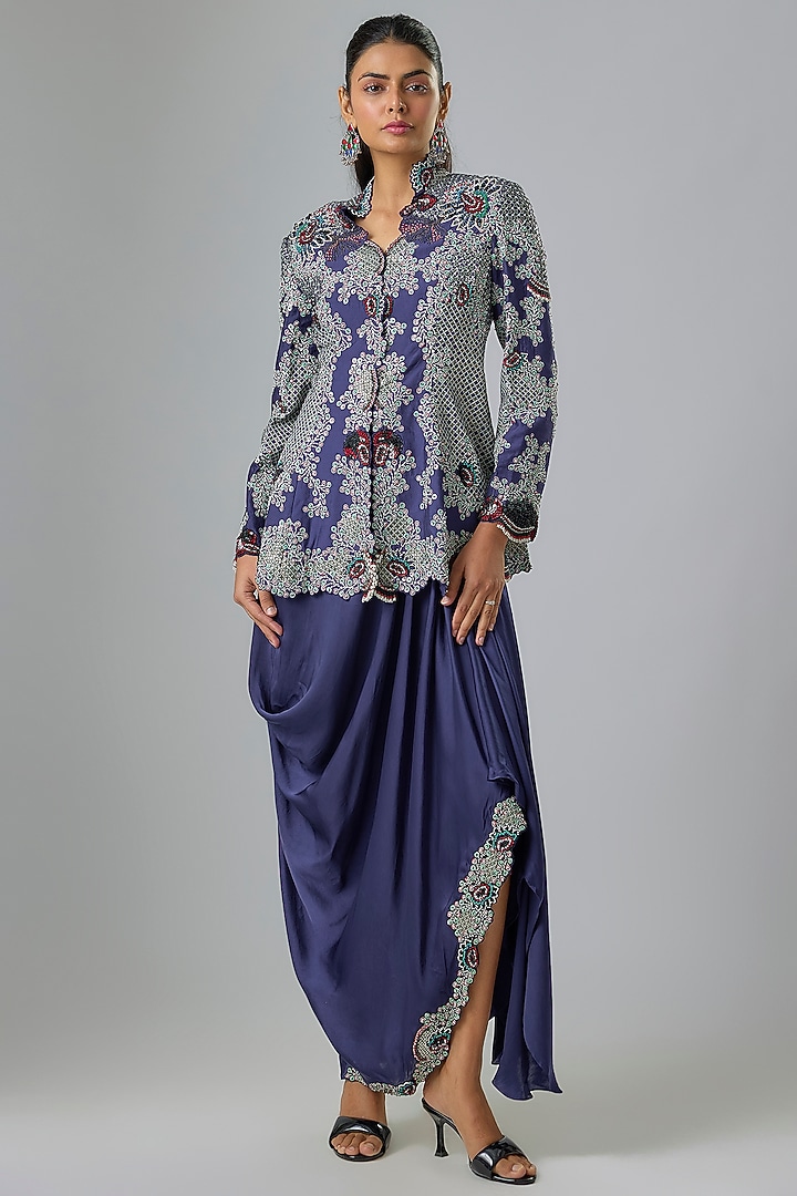 Navy Satin Cowl Skirt Set by Nupur Kanoi at Pernia's Pop Up Shop