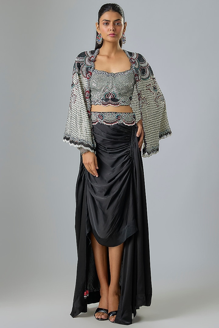 Black Satin Drawstring Skirt Set by Nupur Kanoi at Pernia's Pop Up Shop