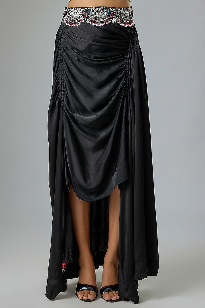 Black Satin Drawstring Skirt Set by Nupur Kanoi at Pernia's Pop Up Shop
