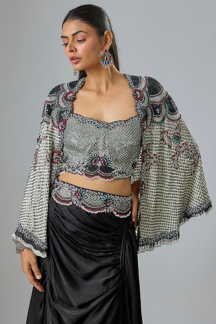 Black Satin Drawstring Skirt Set by Nupur Kanoi at Pernia's Pop Up Shop