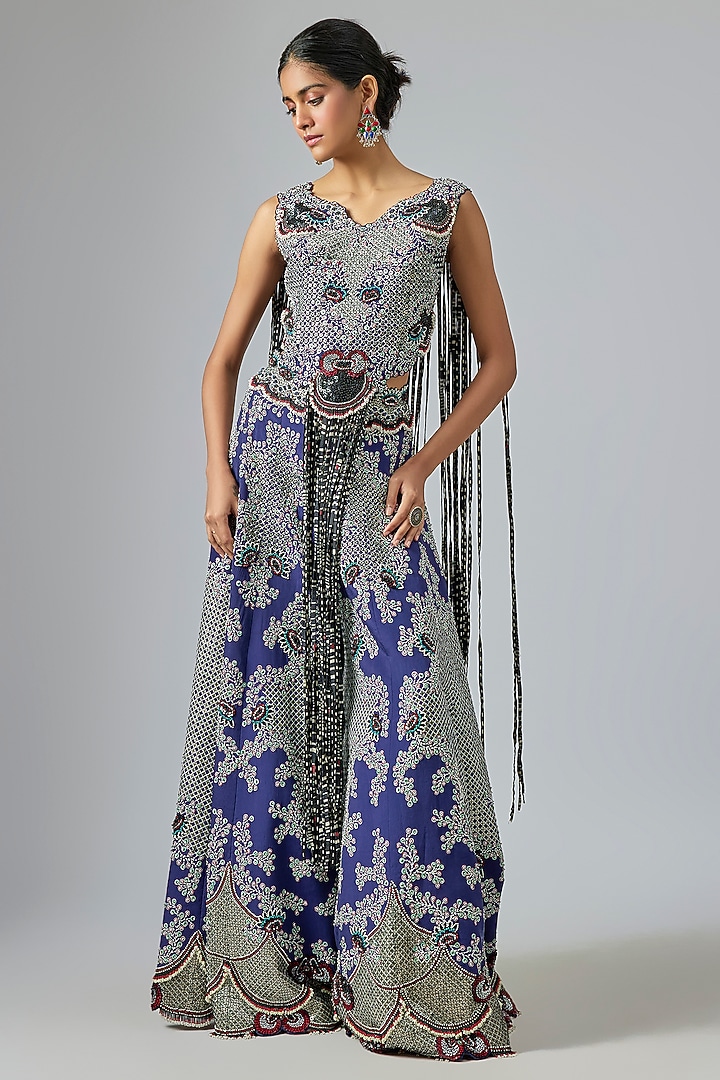 Navy Blue Crepe Hand Embroidered Kalidar Bridal Sharara Set by Nupur Kanoi at Pernia's Pop Up Shop