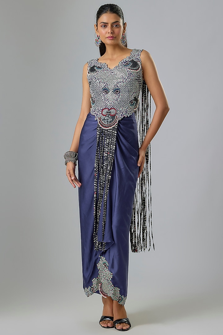 Navy Satin Skirt Set by Nupur Kanoi at Pernia's Pop Up Shop