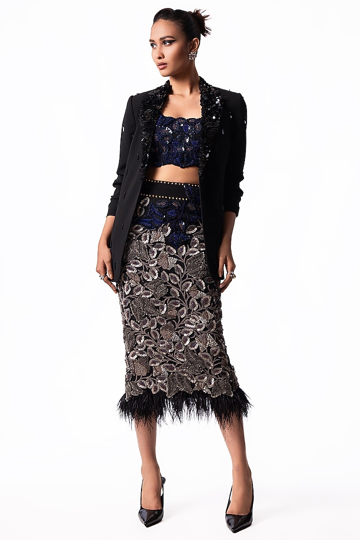 Navy Crepe & Lycra Embroidered Pencil Skirt Set by Nupur Kanoi at Pernia's Pop Up Shop