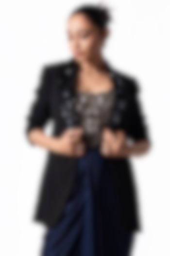 Navy Satin Sequin Embroidered Draped Party Wear Dress With Blazer by Nupur Kanoi at Pernia's Pop Up Shop