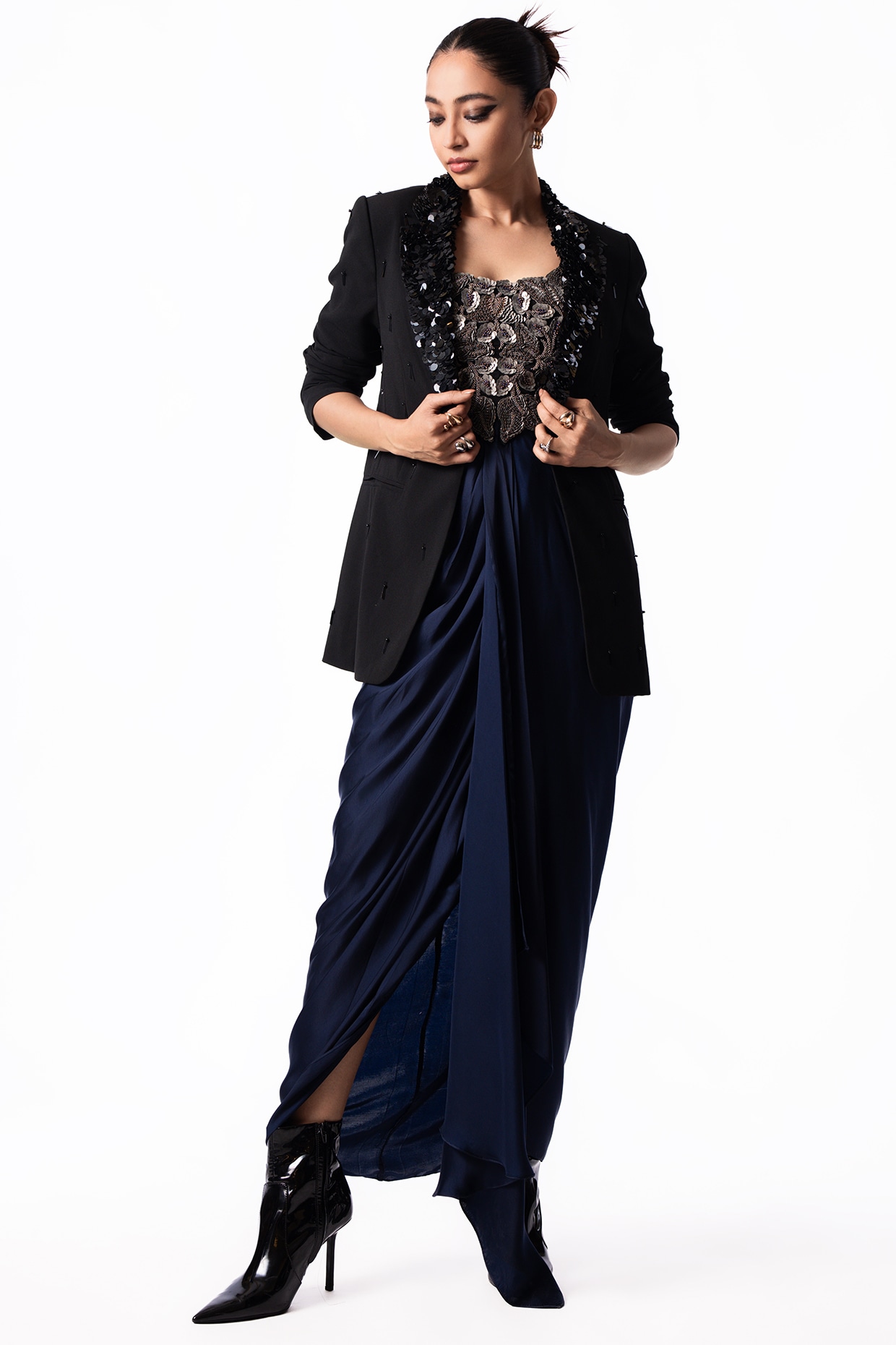 Nupur Kanoi Navy Satin Sequin Embroidered Draped Dress With Blazer
