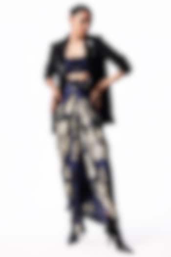 Navy Satin Printed Knotted Skirt Set by Nupur Kanoi at Pernia's Pop Up Shop