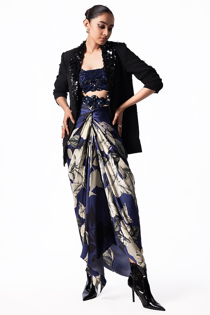 Navy Satin Printed Knotted Skirt Set by Nupur Kanoi at Pernia's Pop Up Shop