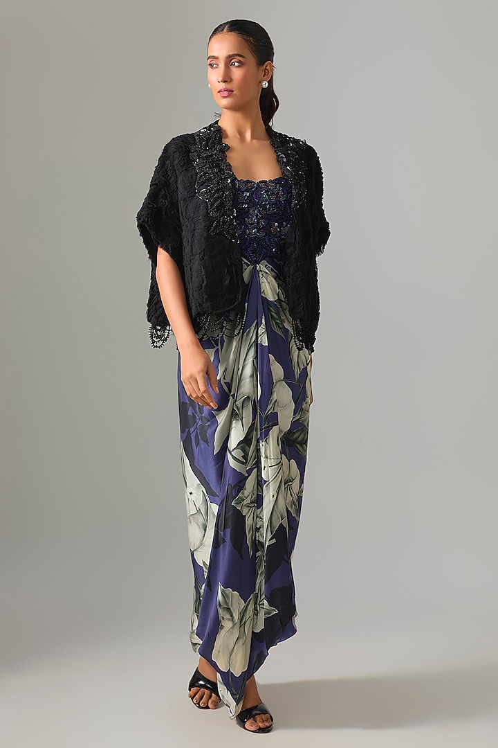 Black & Navy Chiffon Printed Party Wear Dress by Nupur Kanoi at Pernia's Pop Up Shop