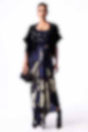 Navy Satin Printed Draped Party Wear Dress With Embroidered Gilet by Nupur Kanoi at Pernia's Pop Up Shop