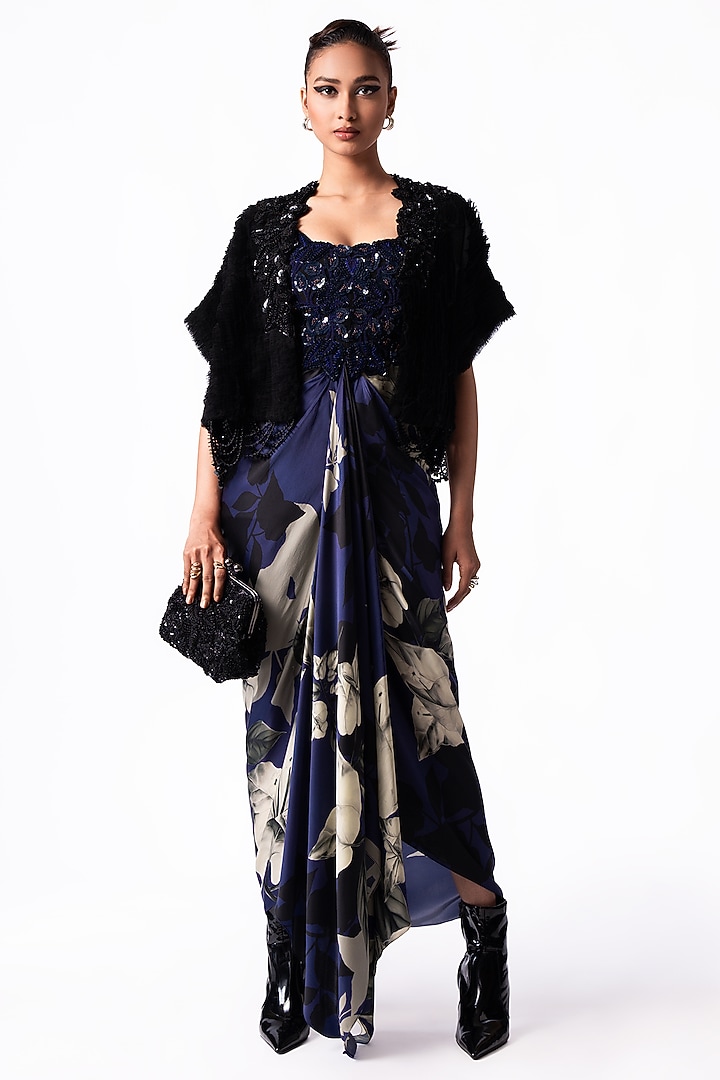Navy Satin Printed Draped Party Wear Dress With Embroidered Gilet by Nupur Kanoi at Pernia's Pop Up Shop
