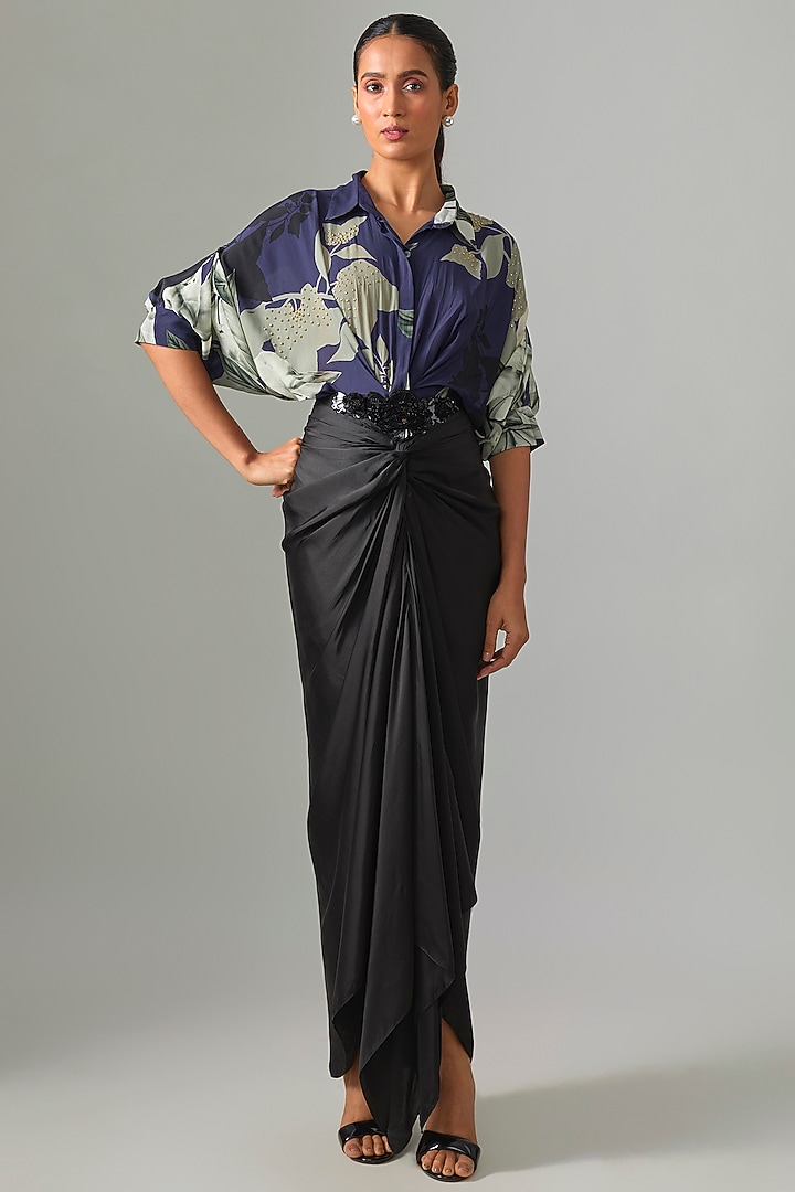 Black Satin Front-Knot Skirt Set by Nupur Kanoi at Pernia's Pop Up Shop