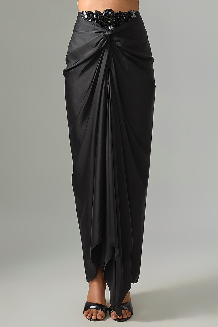 Black Satin Front-Knot Skirt Set by Nupur Kanoi at Pernia's Pop Up Shop