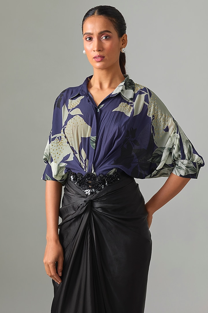 Black Satin Front-Knot Skirt Set by Nupur Kanoi at Pernia's Pop Up Shop