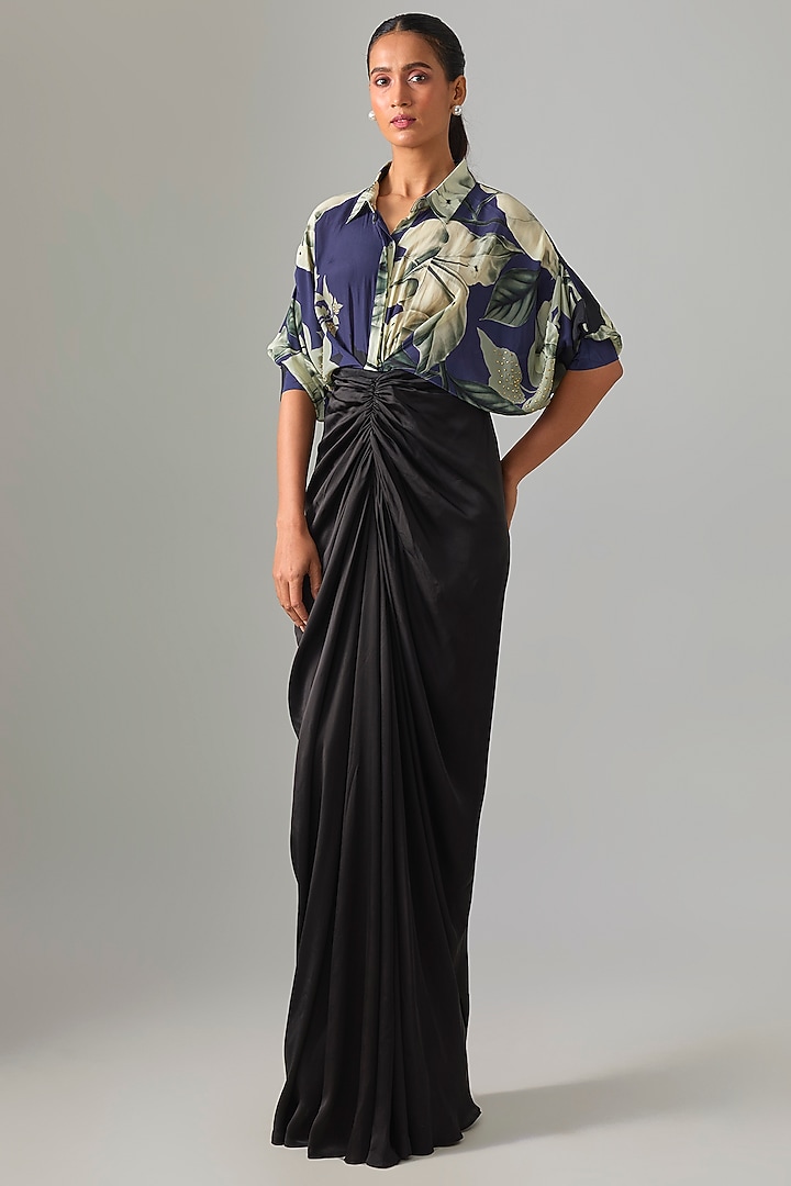 Black Satin Draped Skirt Set by Nupur Kanoi at Pernia's Pop Up Shop