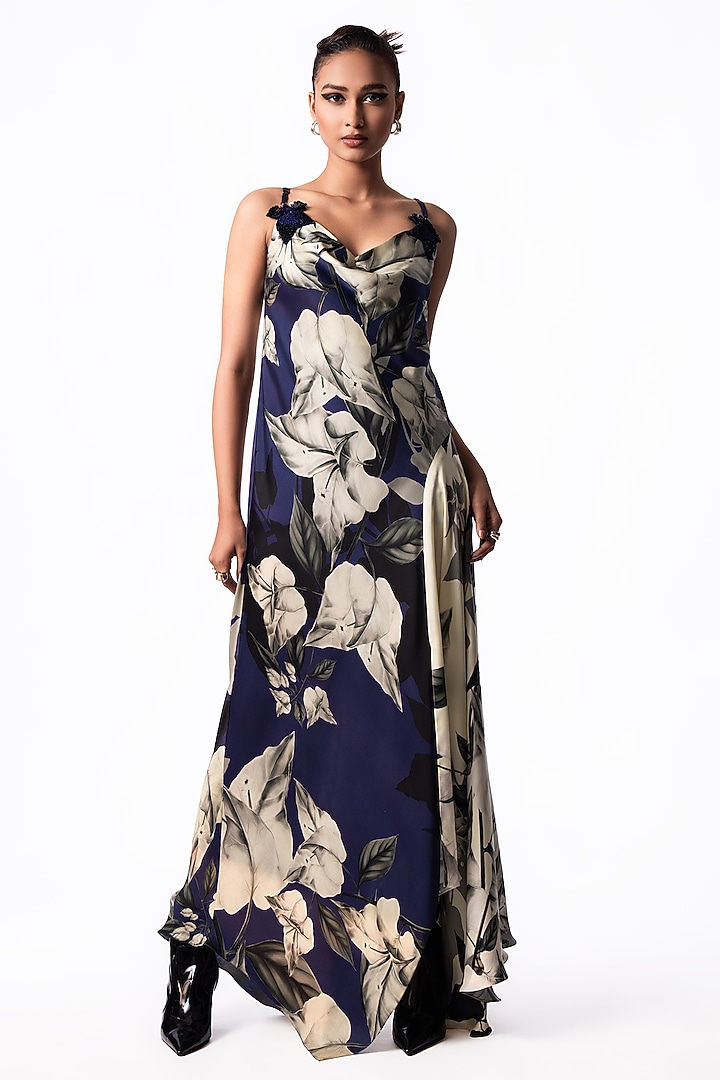 Navy Satin Printed Cowl Maxi Cocktail Dress by Nupur Kanoi at Pernia's Pop Up Shop