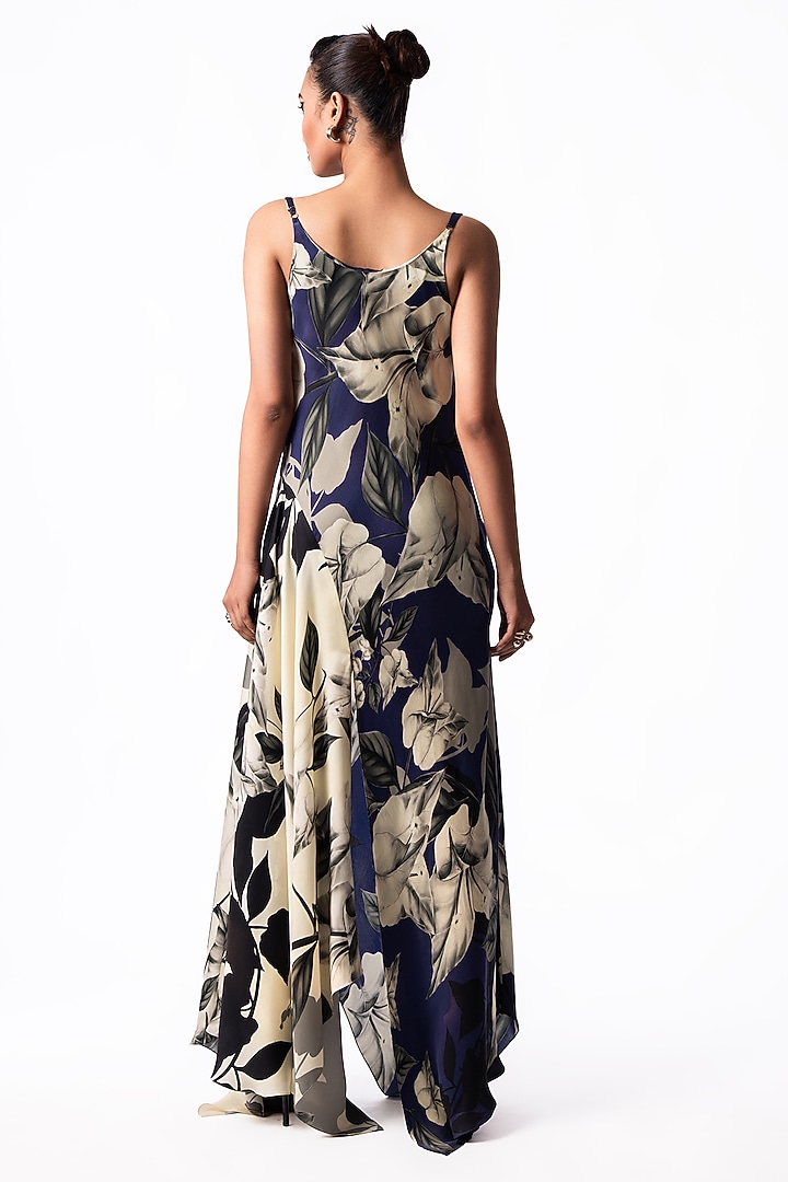 Navy Satin Printed Cowl Maxi Cocktail Dress by Nupur Kanoi at Pernia's Pop Up Shop