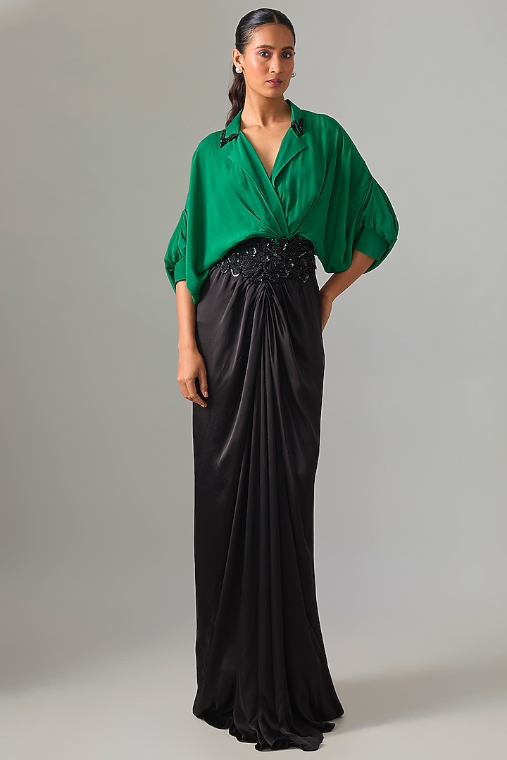 Emerald Green & Black Satin Trail Cocktail Dress by Nupur Kanoi at Pernia's Pop Up Shop