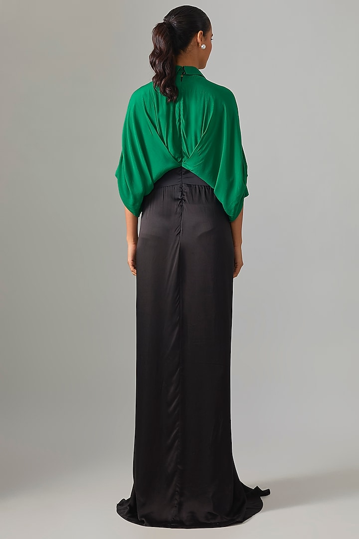 Emerald Green & Black Satin Trail Cocktail Dress by Nupur Kanoi at Pernia's Pop Up Shop