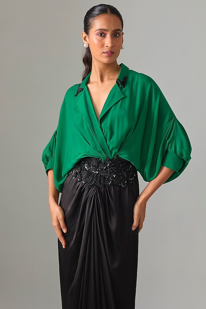 Emerald Green & Black Satin Trail Cocktail Dress by Nupur Kanoi at Pernia's Pop Up Shop