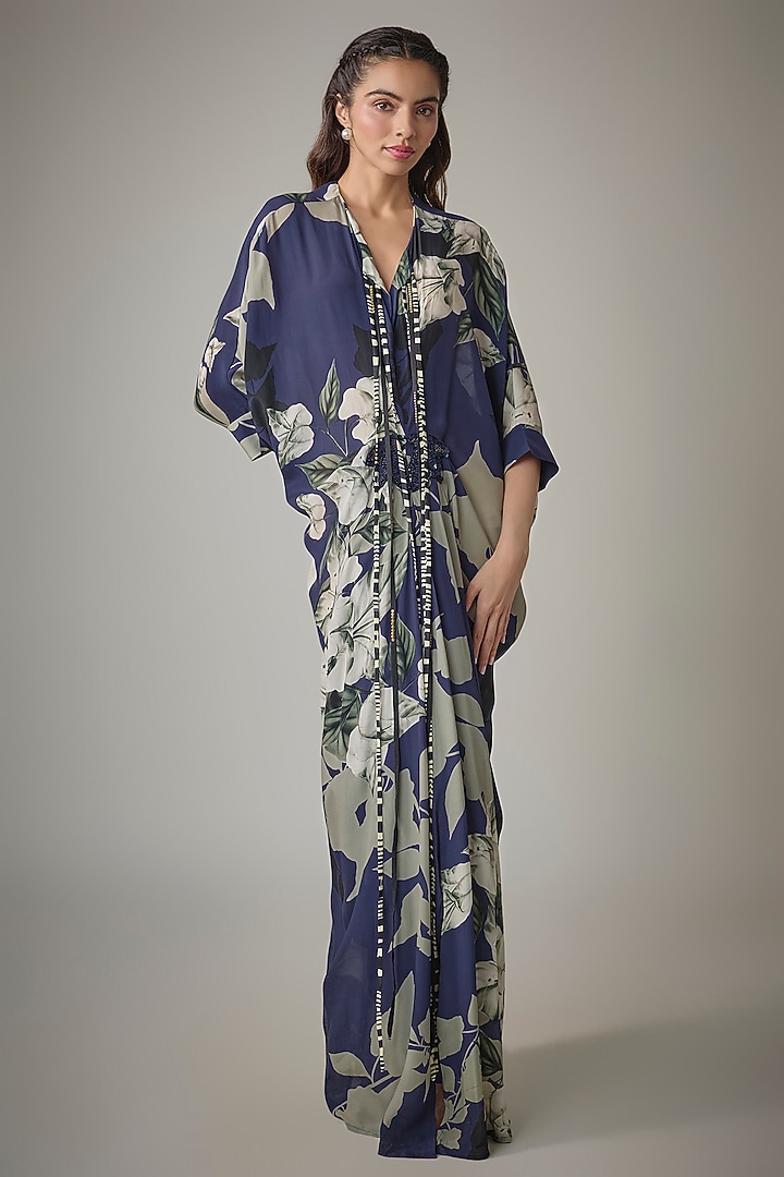 Navy Crepe Digital Printed Kaftan Cocktail Dress by Nupur Kanoi at Pernia's Pop Up Shop