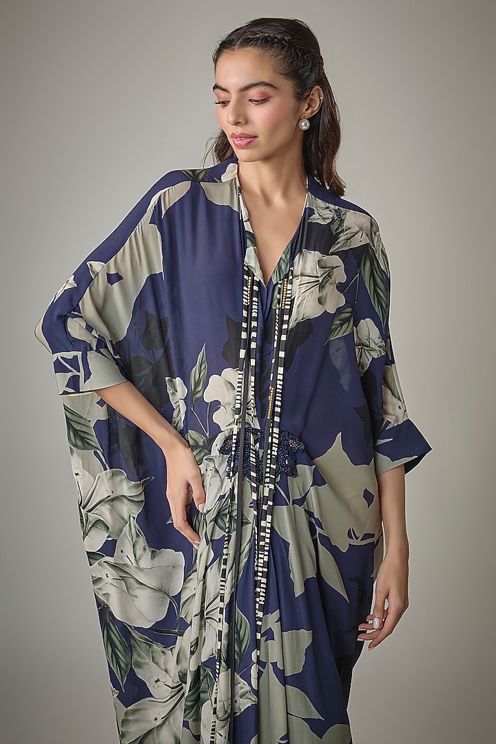 Navy Crepe Digital Printed Kaftan Cocktail Dress by Nupur Kanoi at Pernia's Pop Up Shop