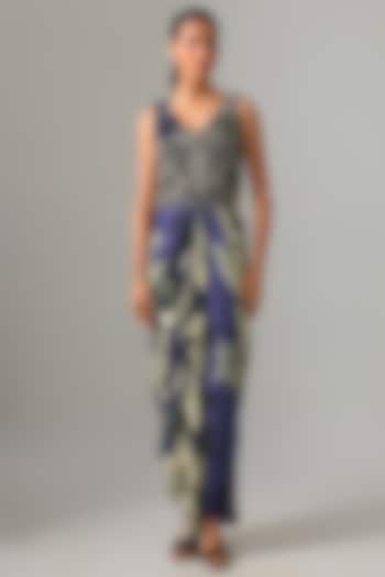 Navy Crepe & Satin Printed Cocktail Dress by Nupur Kanoi at Pernia's Pop Up Shop