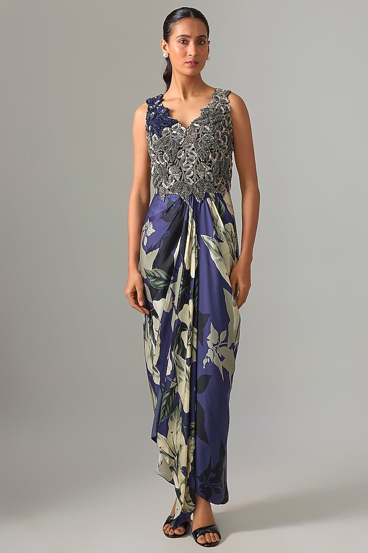 Navy Crepe & Satin Printed Cocktail Dress by Nupur Kanoi at Pernia's Pop Up Shop
