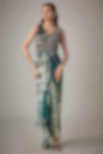 Teal Crepe & Satin Digital Printed Draped Cocktail Dress by Nupur Kanoi at Pernia's Pop Up Shop
