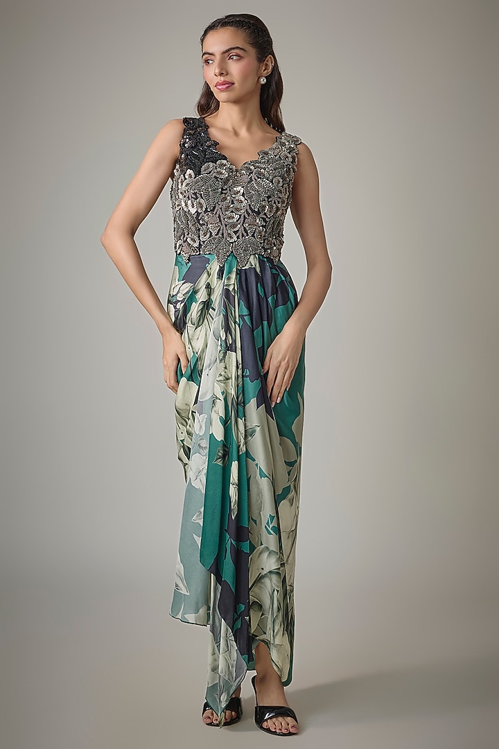 Teal Crepe & Satin Digital Printed Draped Cocktail Dress by Nupur Kanoi at Pernia's Pop Up Shop