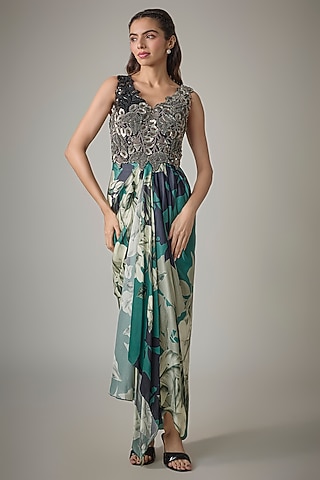Teal Crepe & Satin Digital Printed Draped Dress by Nupur Kanoi