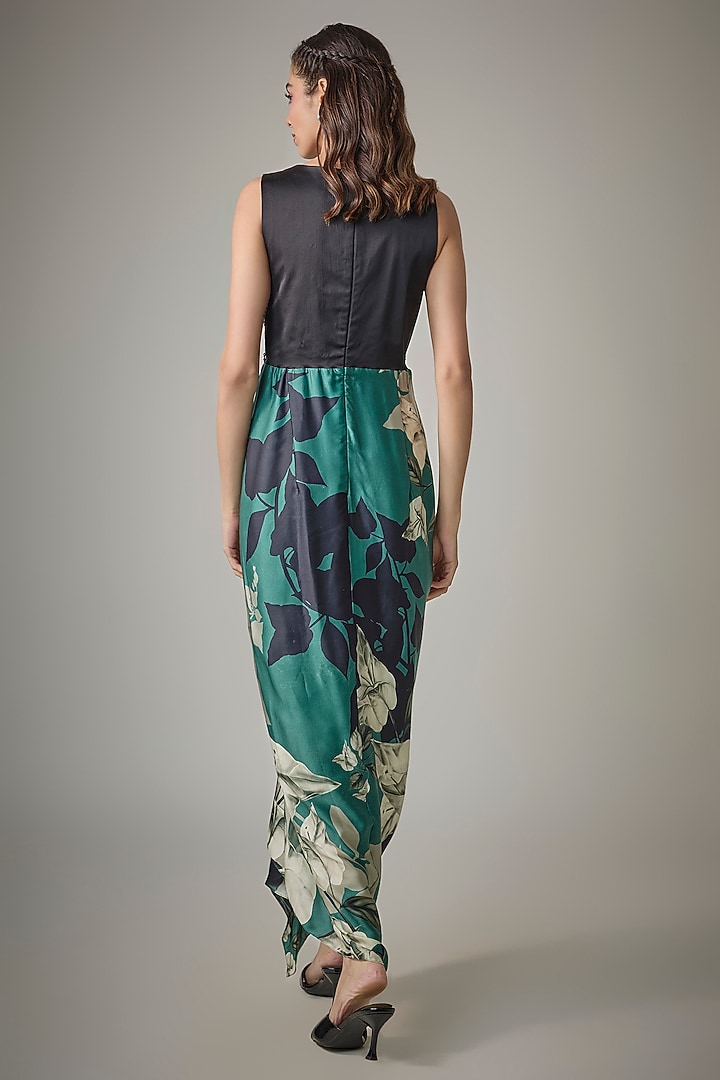 Teal Crepe & Satin Digital Printed Draped Cocktail Dress by Nupur Kanoi at Pernia's Pop Up Shop