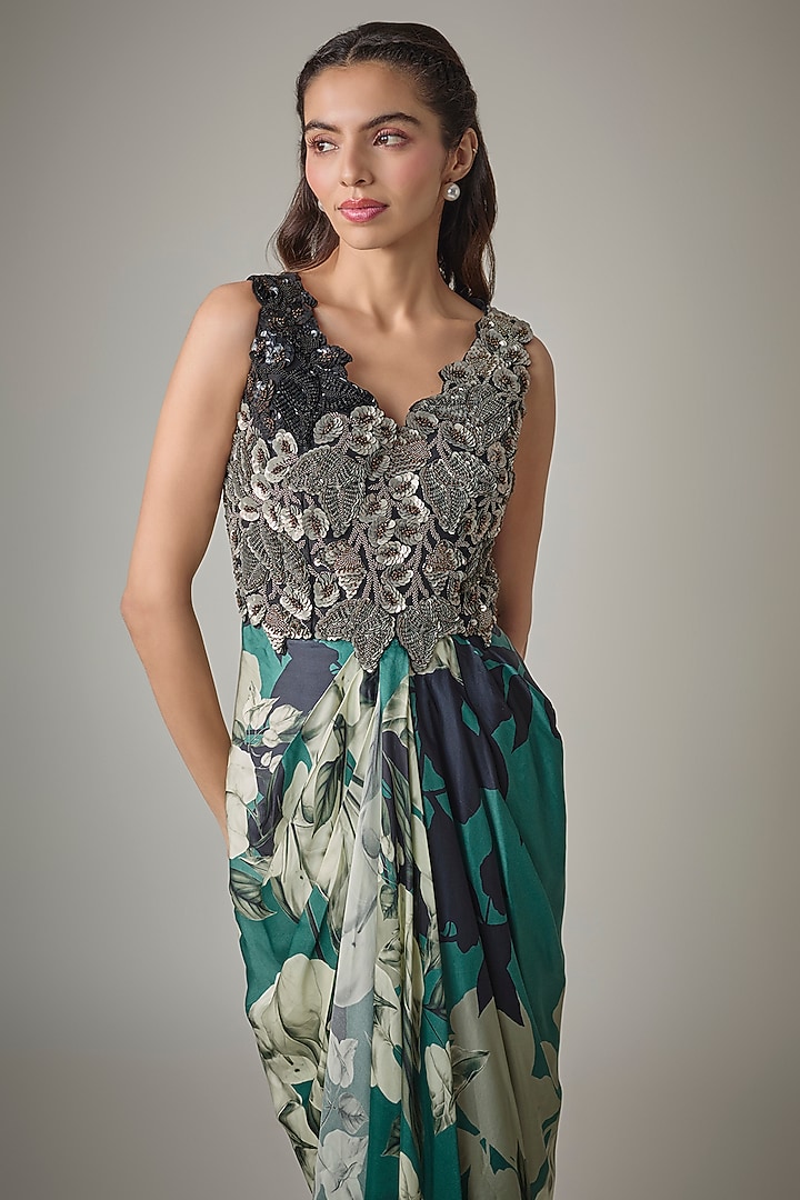 Teal Crepe & Satin Digital Printed Draped Cocktail Dress by Nupur Kanoi at Pernia's Pop Up Shop