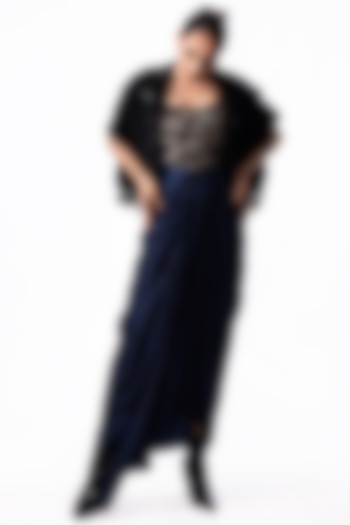 Navy Satin Embroidered Draped Party Wear Dress With Gilet by Nupur Kanoi at Pernia's Pop Up Shop