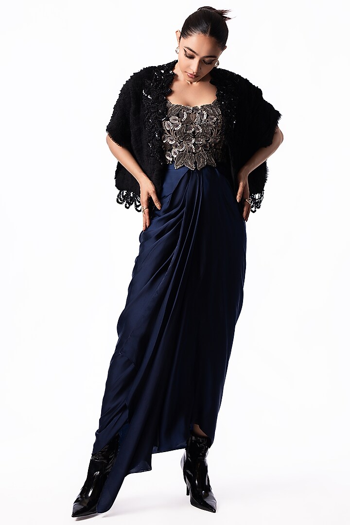 Navy Satin Embroidered Draped Party Wear Dress With Gilet by Nupur Kanoi at Pernia's Pop Up Shop