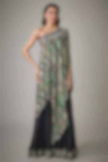 Black Satin Digital Printed One-Shoulder Cape Set by Nupur Kanoi at Pernia's Pop Up Shop