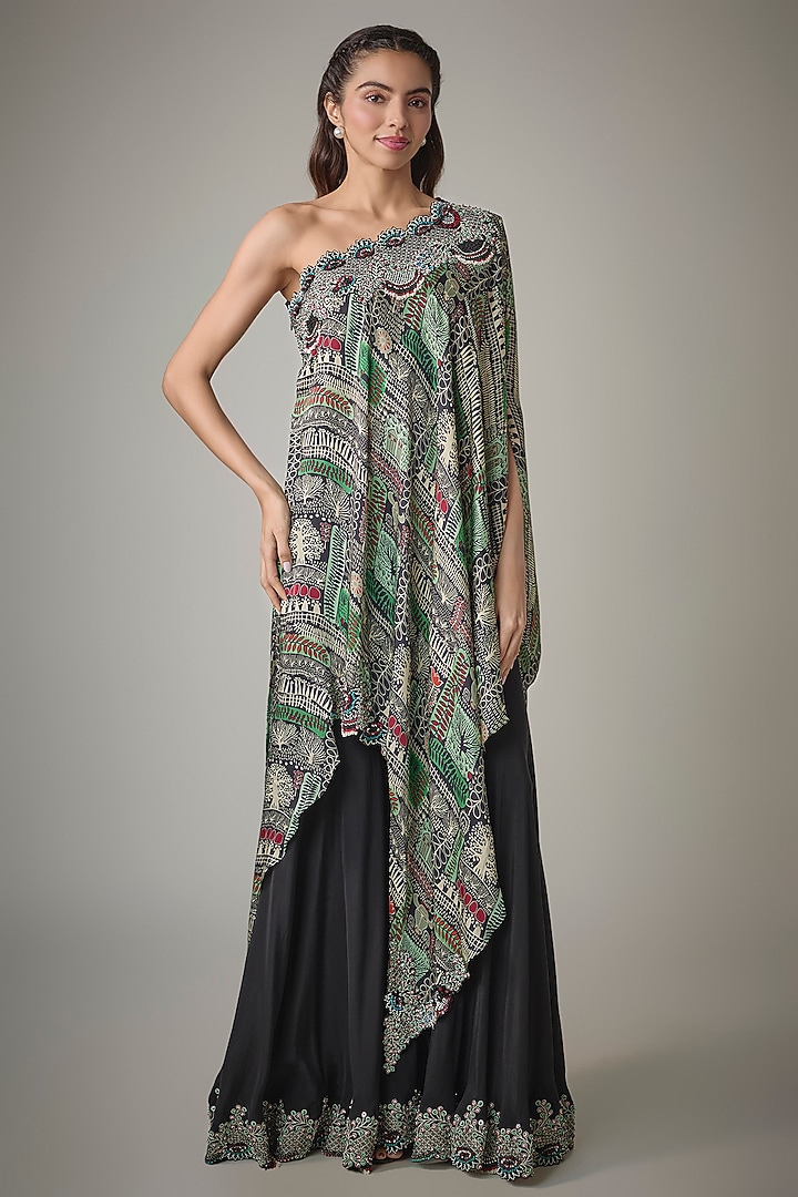Black Satin Digital Printed One-Shoulder Cape Set by Nupur Kanoi at Pernia's Pop Up Shop