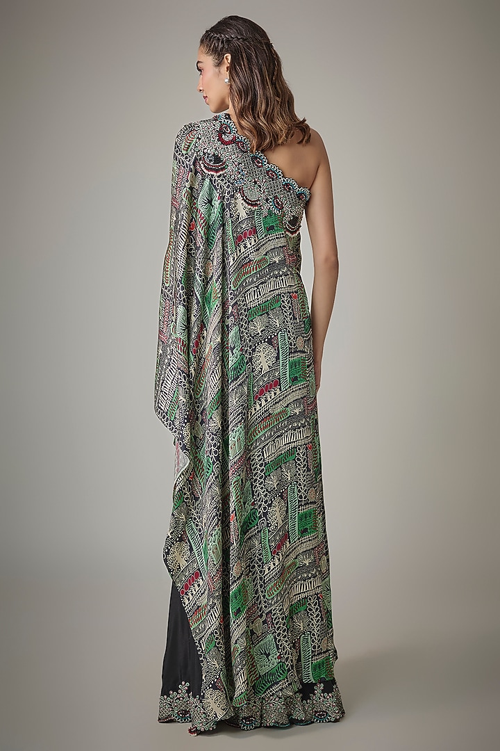Black Satin Digital Printed One-Shoulder Cape Set by Nupur Kanoi at Pernia's Pop Up Shop