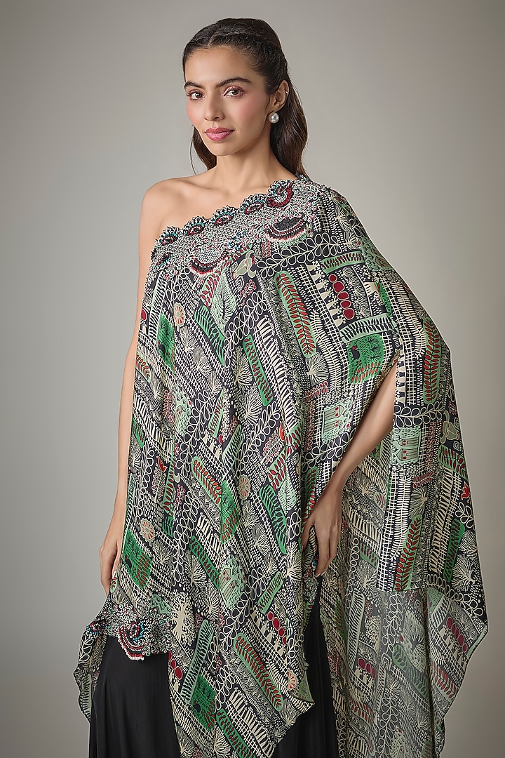 Black Satin Digital Printed One-Shoulder Cape Set by Nupur Kanoi at Pernia's Pop Up Shop