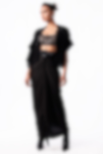 Black Satin French Knotted Skirt Set by Nupur Kanoi at Pernia's Pop Up Shop