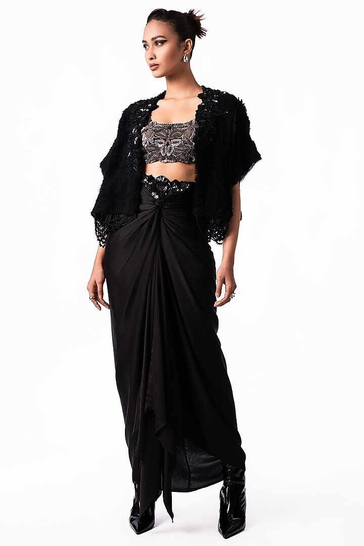 Black Satin French Knotted Skirt Set by Nupur Kanoi at Pernia's Pop Up Shop