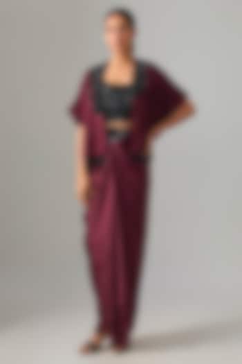 Burgundy Satin Front-Knot Skirt Set by Nupur Kanoi at Pernia's Pop Up Shop