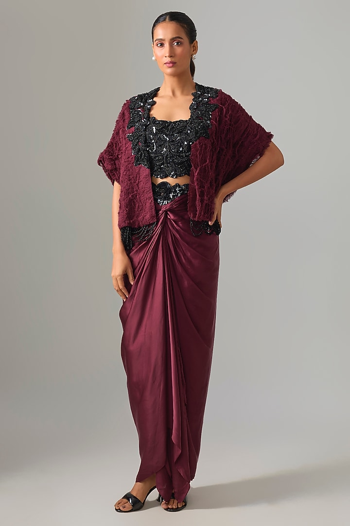 Burgundy Satin Front-Knot Skirt Set by Nupur Kanoi at Pernia's Pop Up Shop