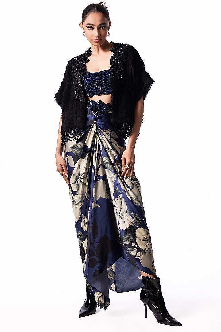 Navy Satin Printed French Knotted Skirt Set by Nupur Kanoi at Pernia's Pop Up Shop