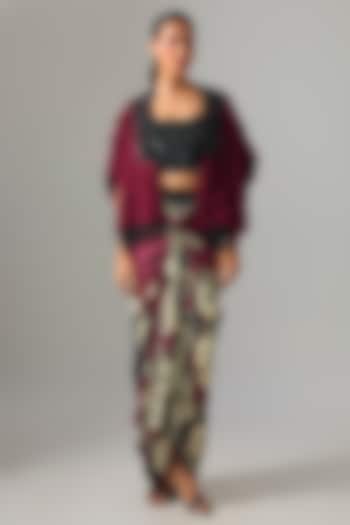 Burgundy Satin Front-Knot Printed Skirt Set by Nupur Kanoi at Pernia's Pop Up Shop